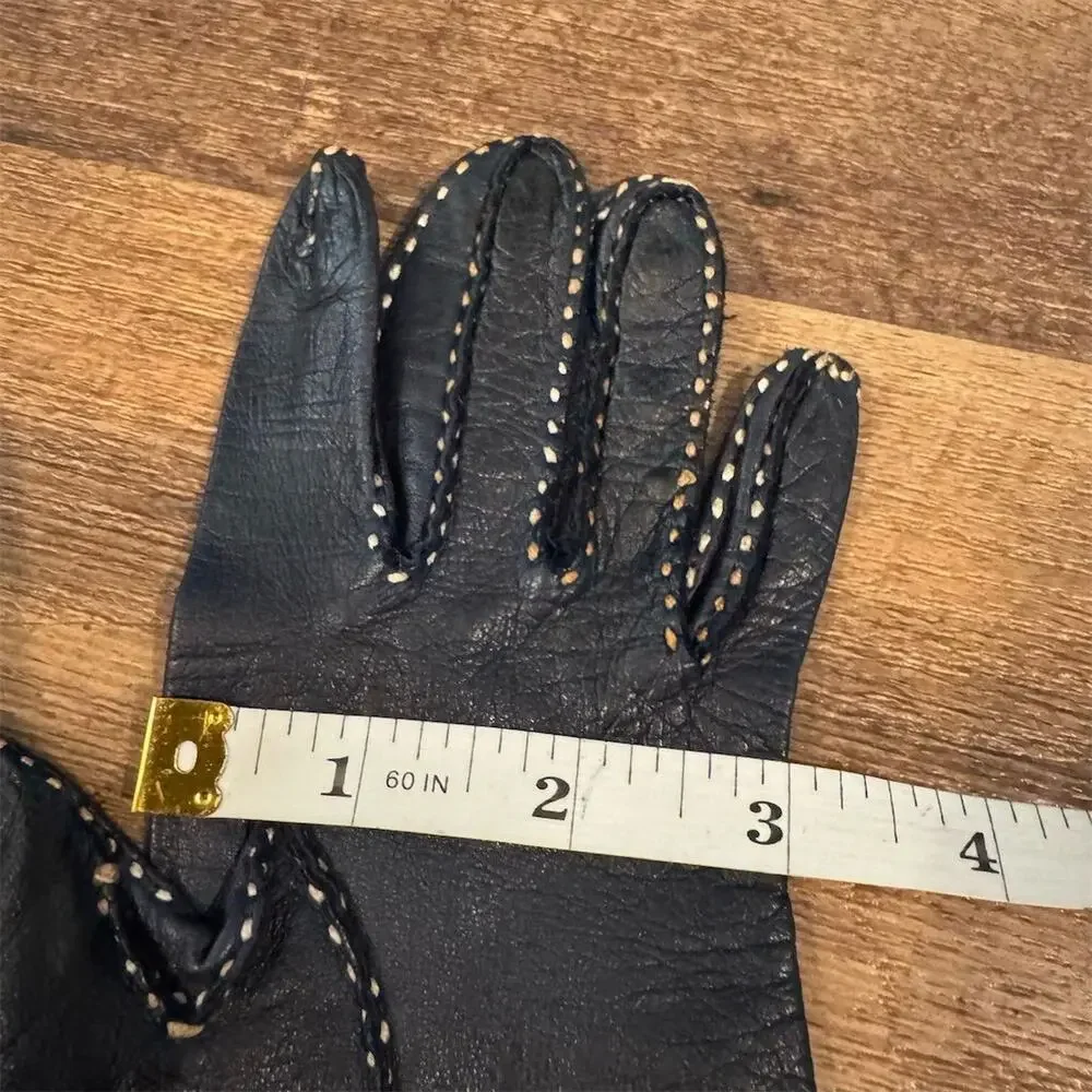 Small Vintage Navy Blue Leather Gloves White Trim Hand Stitch Wrist Length READ